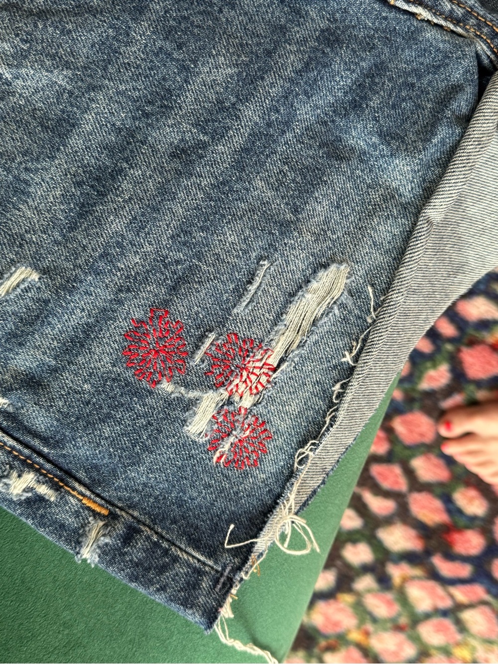 Old Navy Blue Distressed Denim Shorts with Red Stitching - Picture 4 of 6